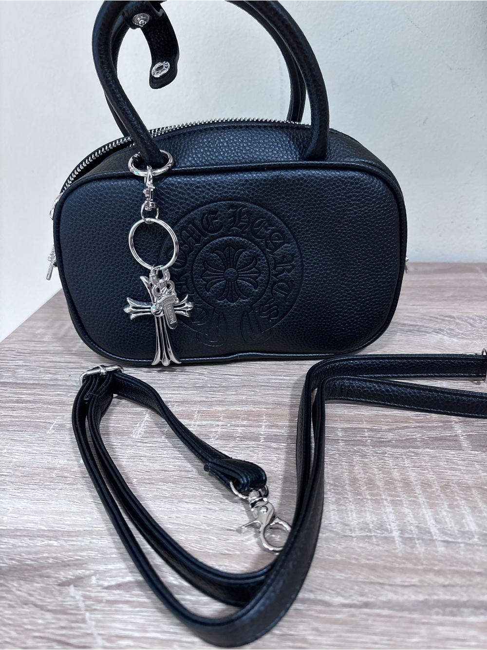 Black Leather Crossbody with Silver Cross Charm, Strap included